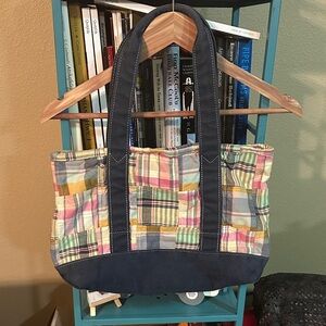 J Crew Vintage Patchwork Madras Tote Bag with Blue Accents